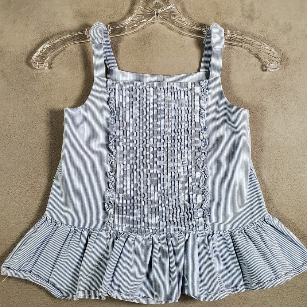 Kate Spade Tank Top Girls 8Y Blue Striped Ruffle Pleated Peplum Bow Boho Coastal